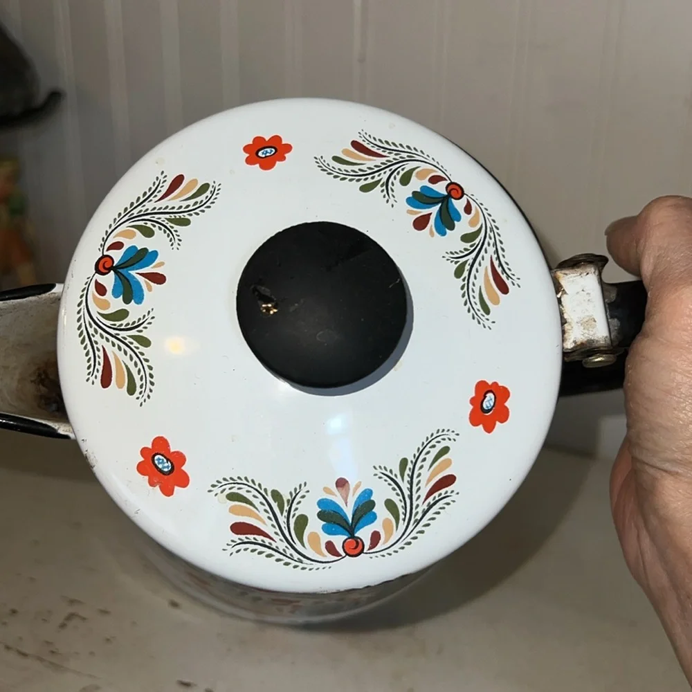 Vintage Berggren mid century flower design enamel ware coffee pot large